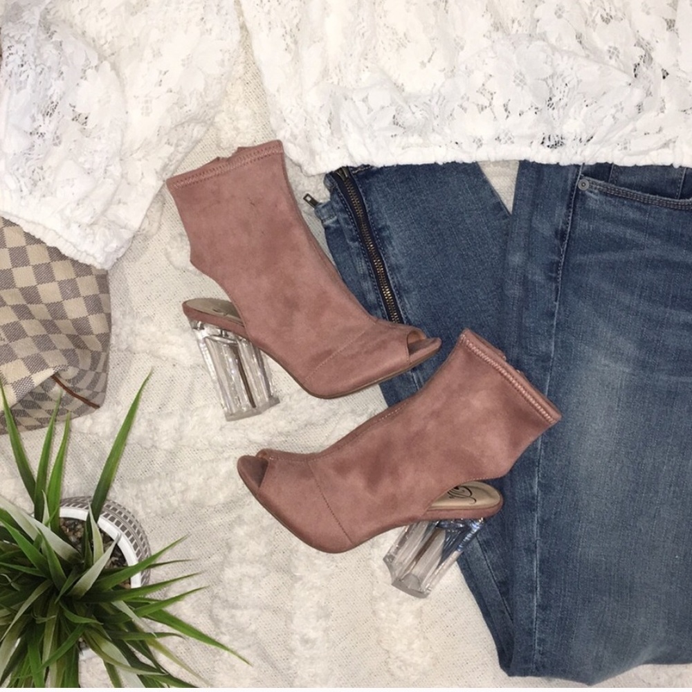 ”suede” booties w/ clear heel